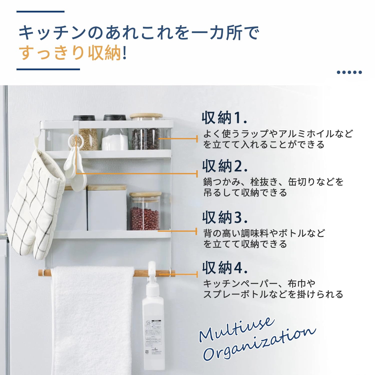 DEWELマグネットラック 折り畳み式 強力吸着 冷蔵庫サイド収納 耐荷重15kg ベゼル取り外し可 32×28.5×8cm